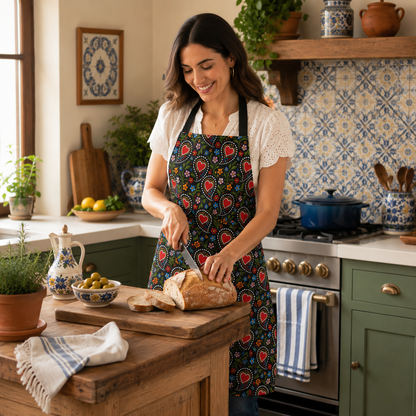 A woman wearing a colorful heart-patterned kitchen apron slices a loaf of bread on a wooden cutting board in a warm, traditional-style kitchen.
