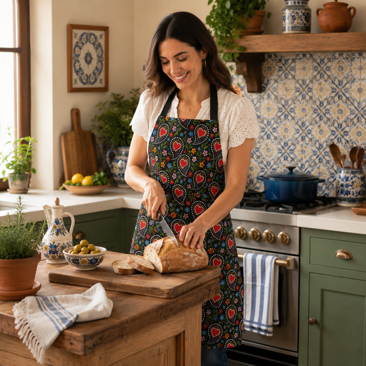 A woman wearing a colorful heart-patterned kitchen apron slices a loaf of bread on a wooden cutting board in a warm, traditional-style kitchen.