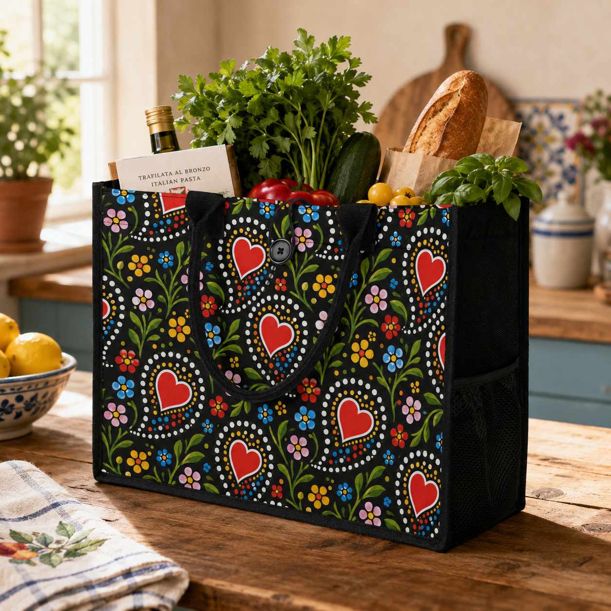 A black reusable grocery tote bag with a colorful folk-art heart and floral pattern, filled with fresh vegetables, bread, and herbs, sitting on a wooden kitchen table.