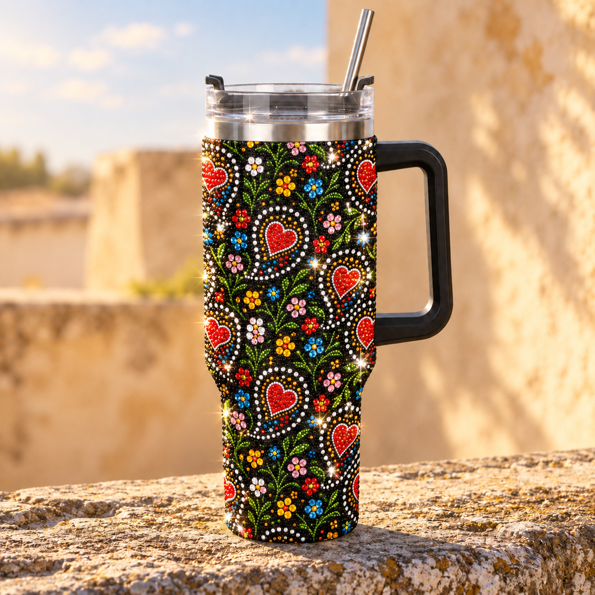 A handled travel tumbler with a clear lid and metal straw, standing on a stone surface outdoors. The tumbler is wrapped in a black sleeve featuring a colorful folk-art style pattern of red hearts, flowers, dots, and green leaves.