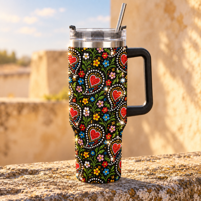 A handled travel tumbler with a clear lid and metal straw, standing on a stone surface outdoors. The tumbler is wrapped in a black sleeve featuring a colorful folk-art style pattern of red hearts, flowers, dots, and green leaves.