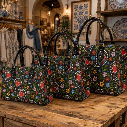 Three black tote bags with a colorful folk-art floral and heart pattern are displayed on a rustic wooden table inside a cozy, vintage-style boutique.
