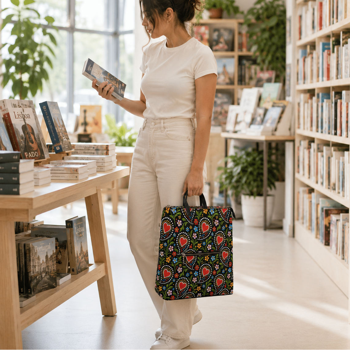 A woman in a white t-shirt and cream pants stands in a bright bookshop, holding a colorful patterned tote bag in one hand while looking at a book in the other.