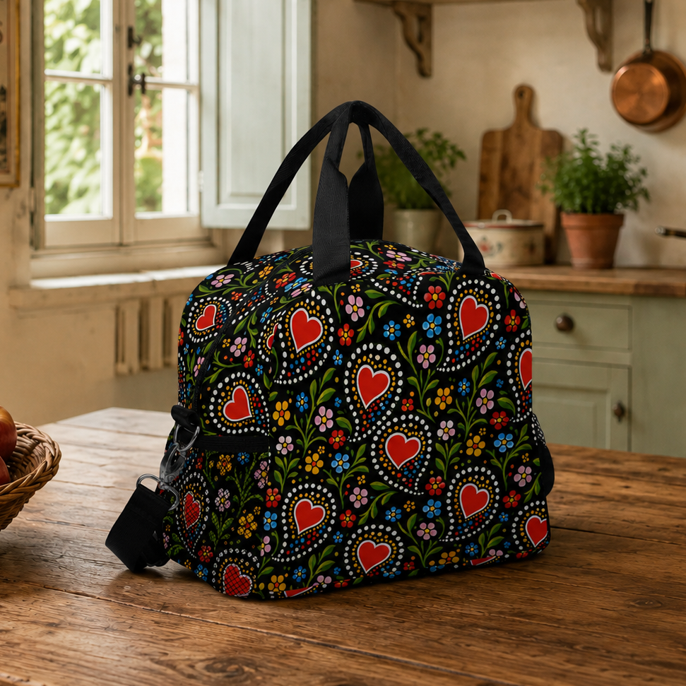 A black duffel bag with a colorful floral and heart pattern sits on a rustic wooden table in a cozy, vintage-style kitchen. The bag has black handles and a black shoulder strap, with a basket of red apples on the left and a window in the background.