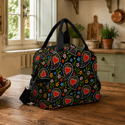 A black duffel bag with a colorful floral and heart pattern sits on a rustic wooden table in a cozy, vintage-style kitchen. The bag has black handles and a black shoulder strap, with a basket of red apples on the left and a window in the background.