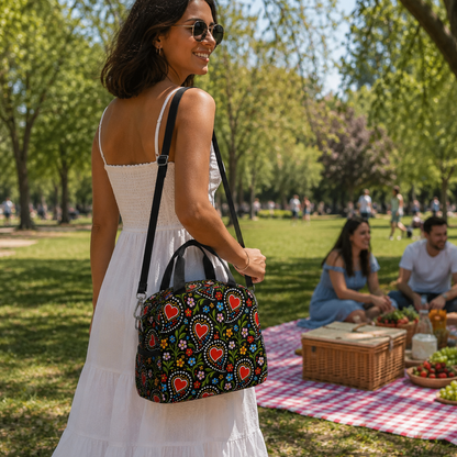 A woman in a white dress and sunglasses carries a black shoulder bag decorated with a colorful heart and floral pattern, walking in a sunny park with a picnic setup in the background.