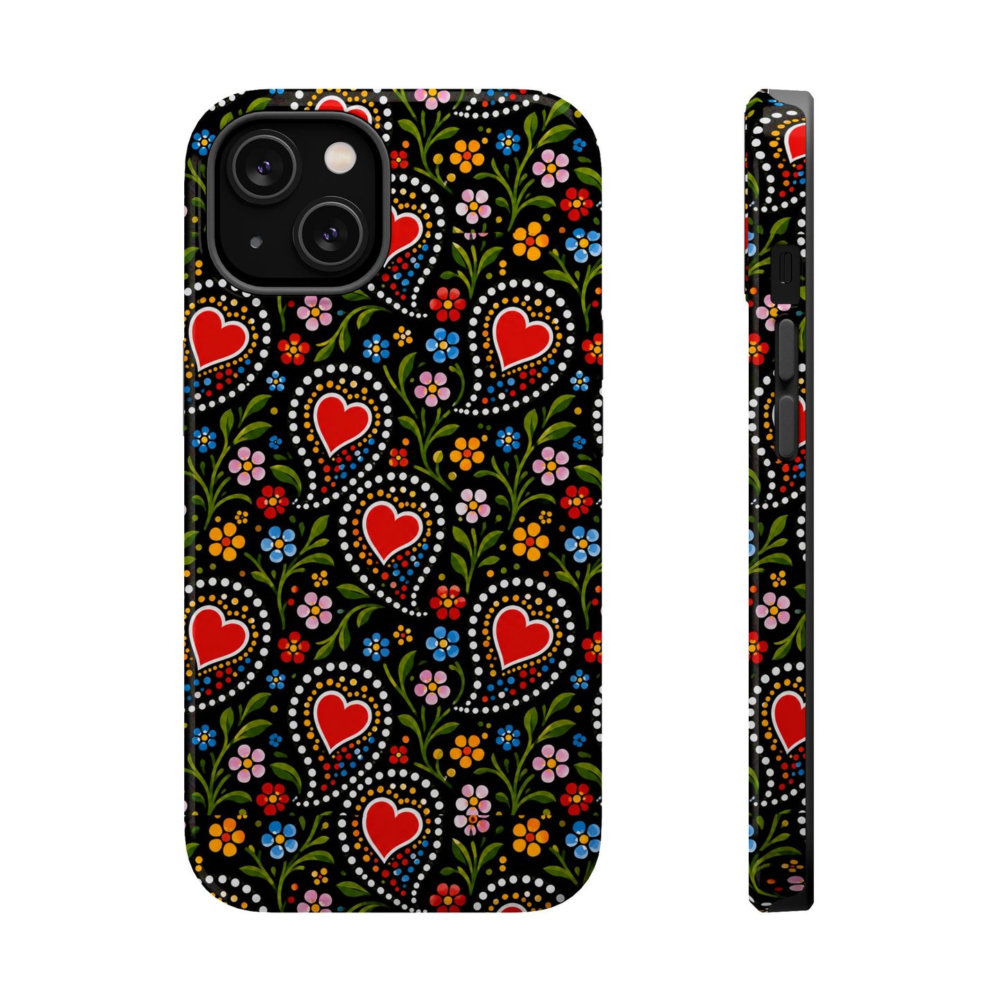 A phone case with a black background and a colorful folk-art style pattern featuring red hearts, green leaves, and small flowers, shown from the back and side on a white background.