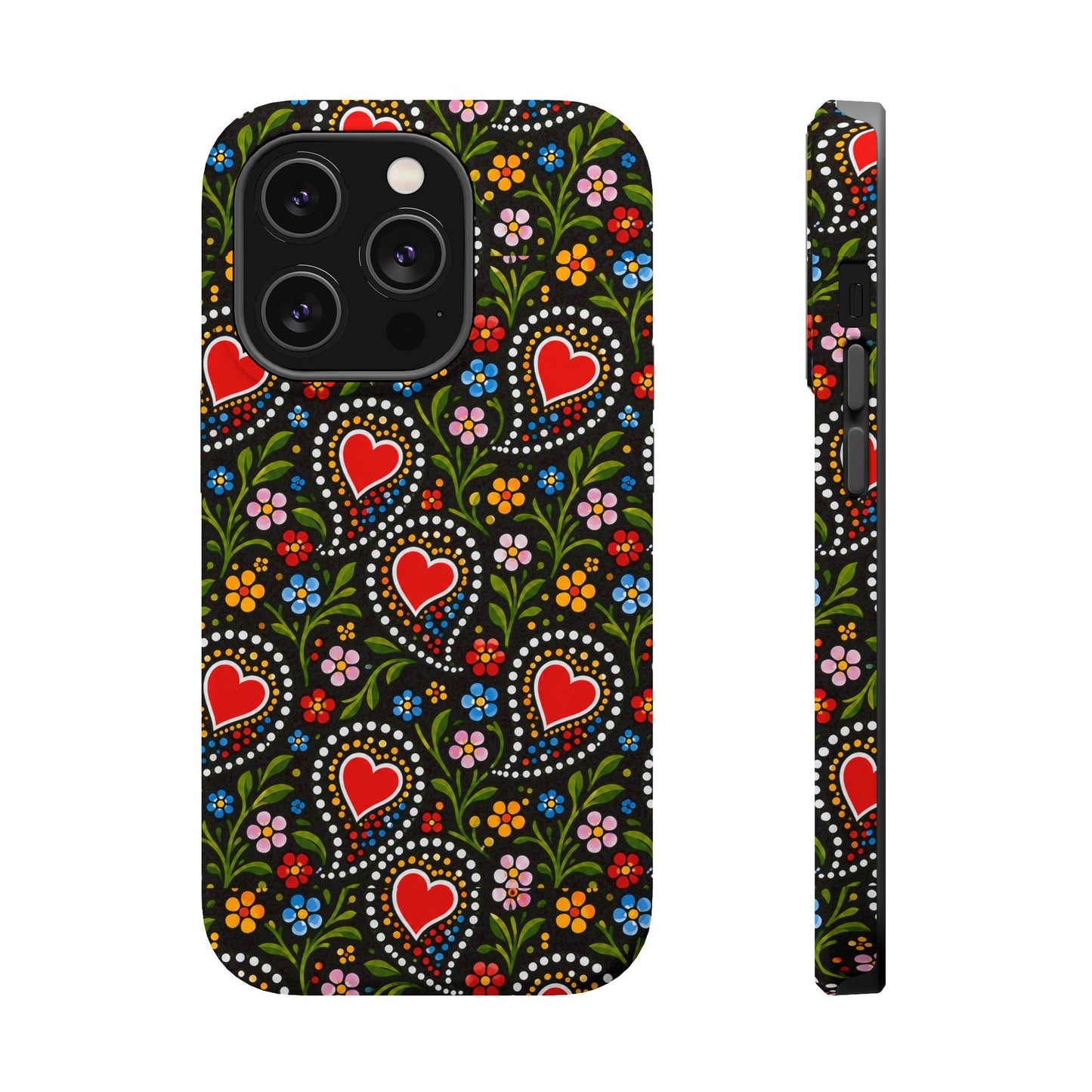 A phone case with a black background and a colorful folk-art style pattern featuring red hearts, green leaves, and small flowers, shown from the back and side on a white background.