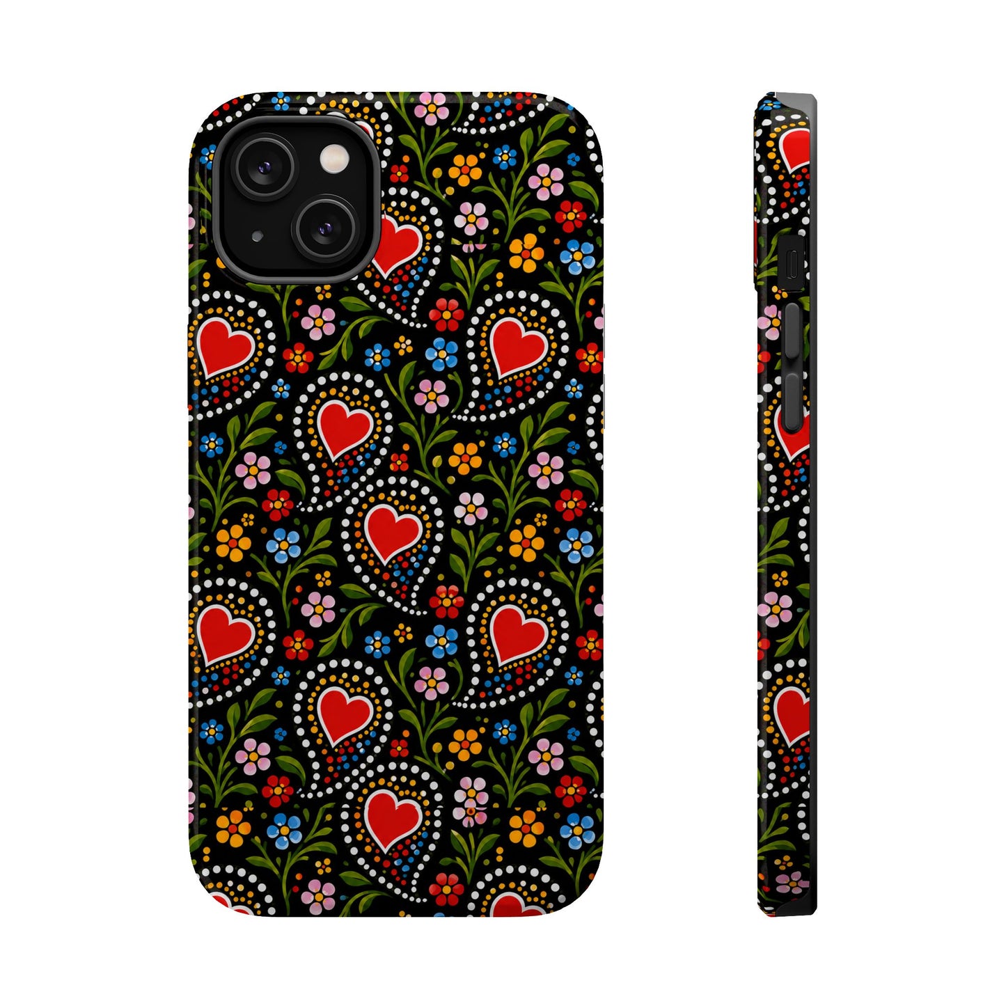 A phone case with a black background and a colorful folk-art style pattern of red hearts, flowers, and green vines, shown from the back and side on a white background.