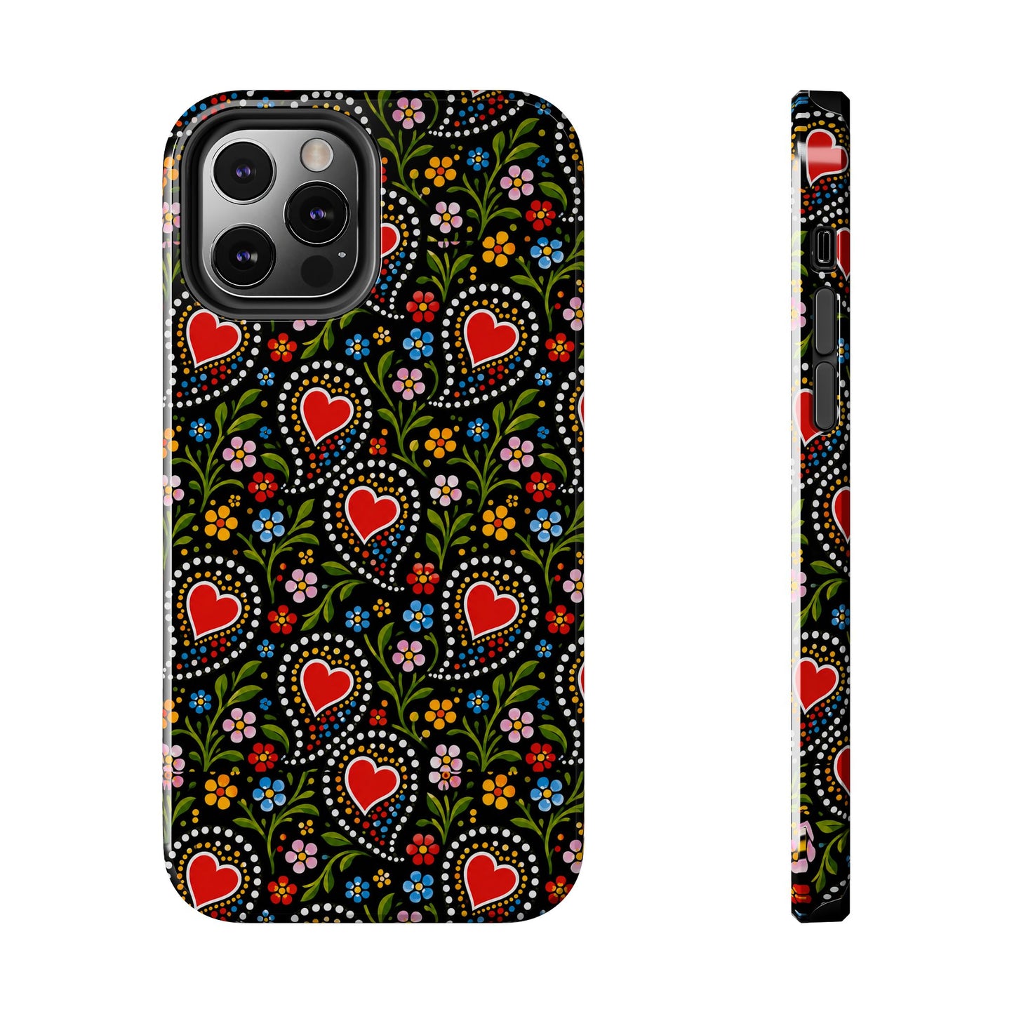 A phone case shown from the back and side on a plain white background. The case has a black base with a colorful folk-art style pattern featuring red hearts, green vines, and small multicolored flowers.