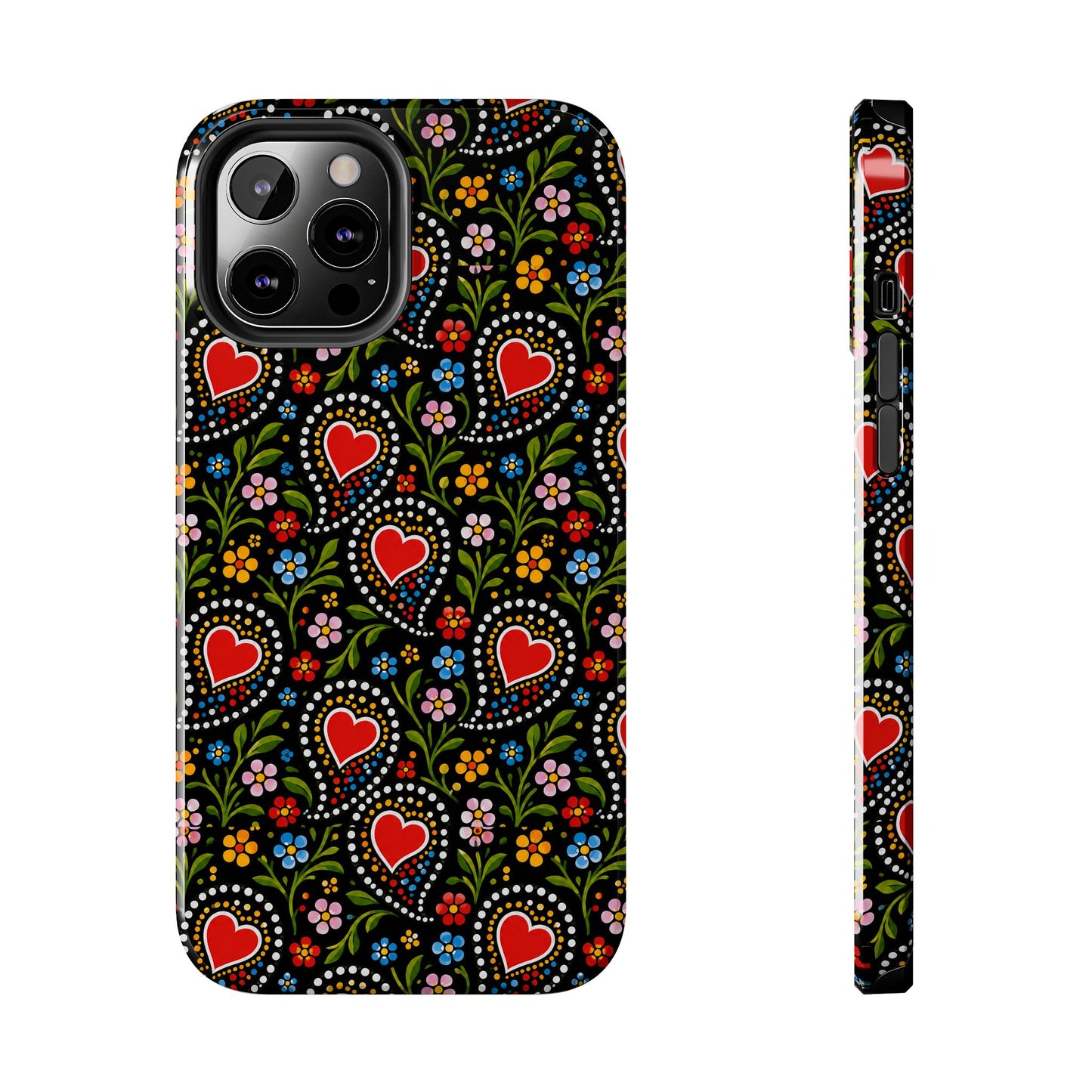 A phone case with a black background and a colorful folk-art style pattern of red hearts, blue and yellow flowers, and green leaves, shown from the back and side on a white background.