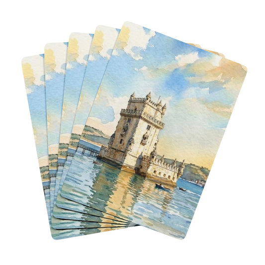 Set of six cards with a scenic design of Belem tower in Lisbon in a watercolor style