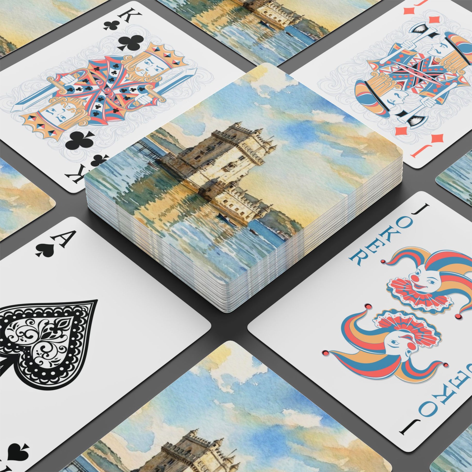 Set of six cards with a scenic design of Belem tower in Lisbon in a watercolor style