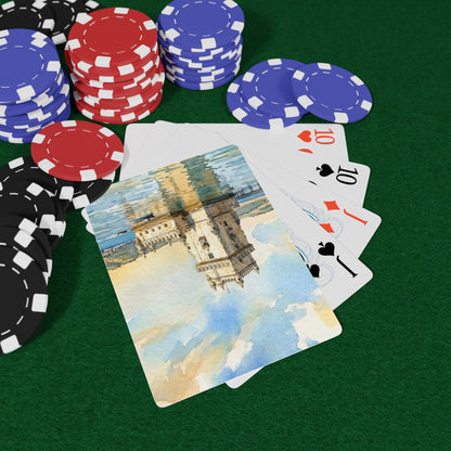 Set of six cards with a scenic design of Belem tower in Lisbon in a watercolor style