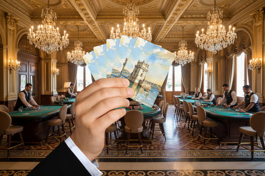 Set of six cards with a scenic design of Belem tower in Lisbon in a watercolor style