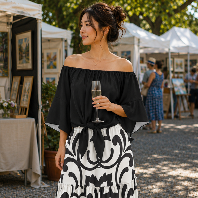 A woman stands outdoors at an art fair wearing an off-the-shoulder black blouse and a long black-and-white patterned skirt, holding a glass of champagne. Paintings on easels and white tents are visible in the background.