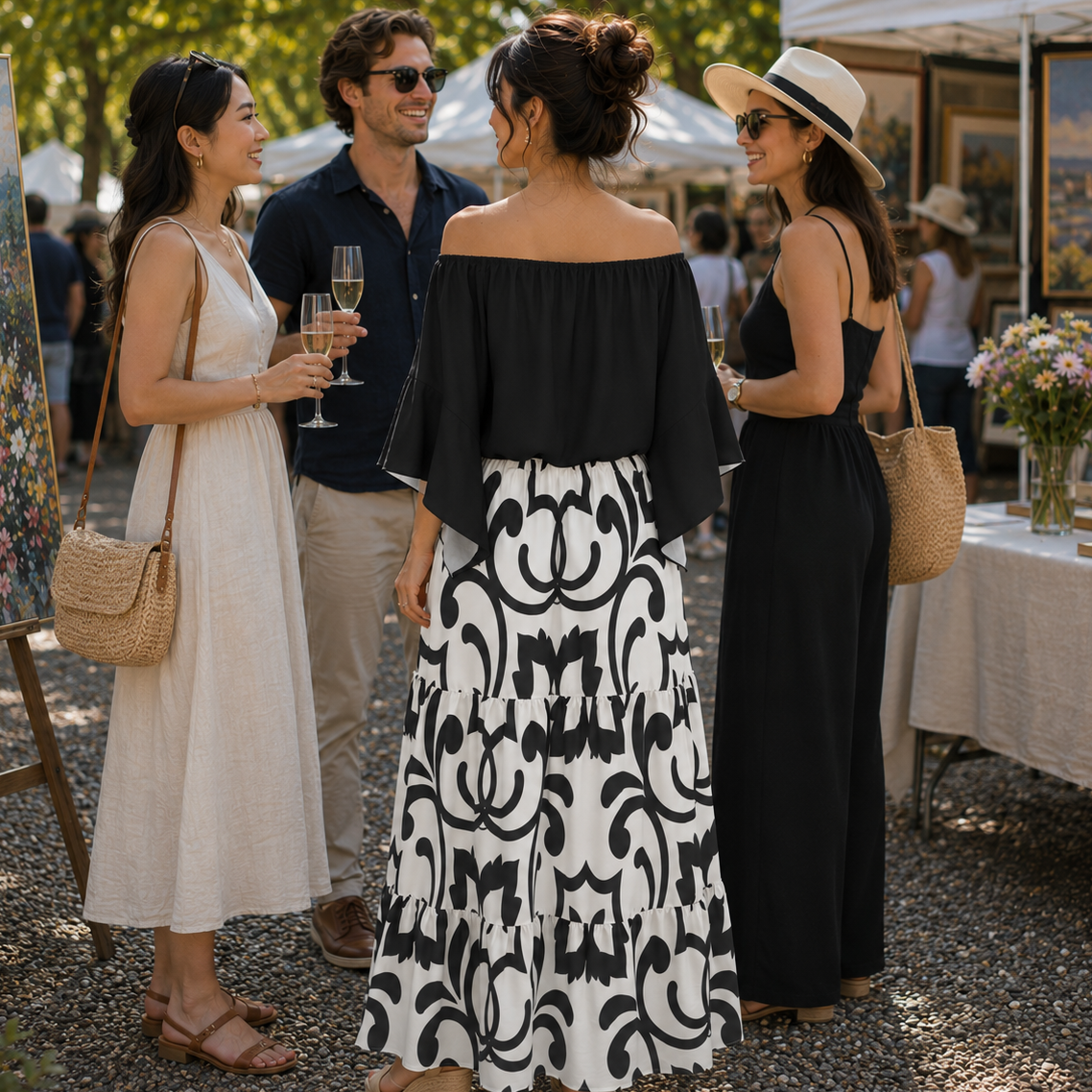 Four women are gathered outdoors at what appears to be an art fair or market, conversing near easels and a table. The central focus is on the woman in the middle wearing a black and white patterned skirt with a black off-the-shoulder top.