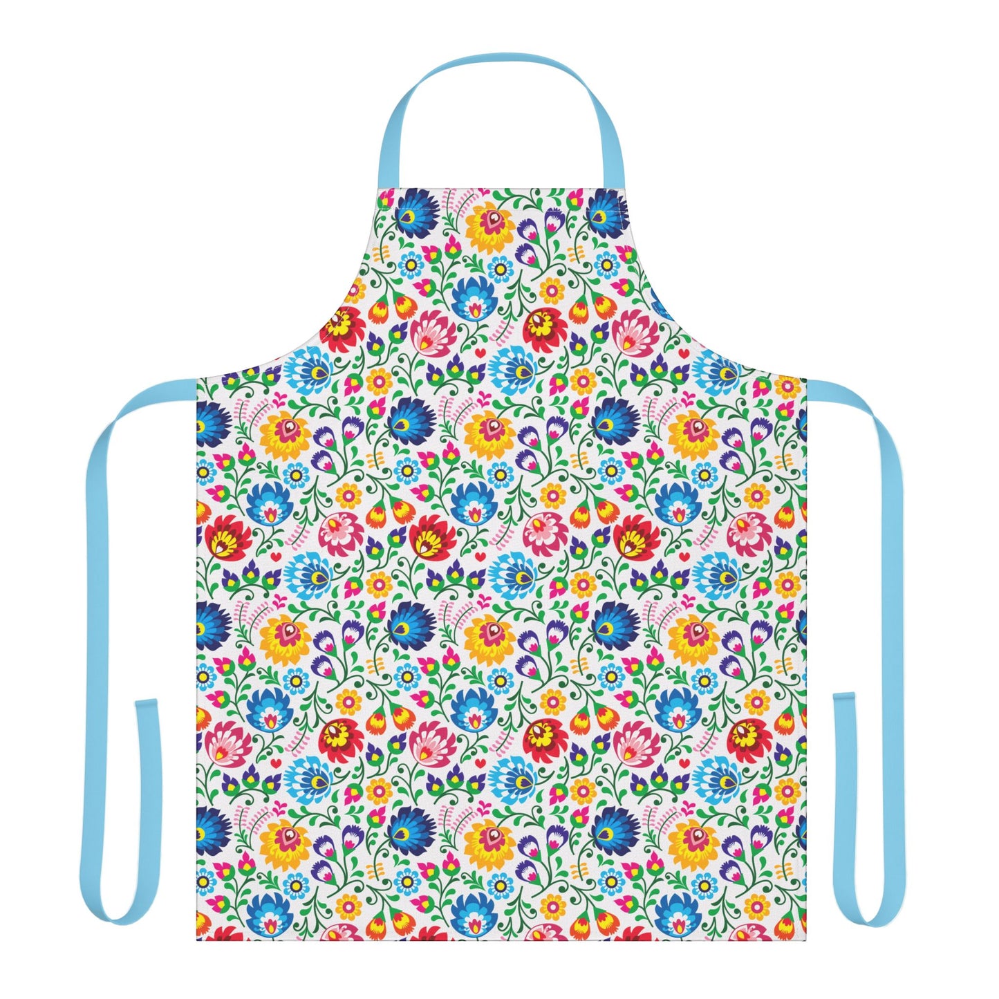 Colorful floral apron with blue straps on a white background
