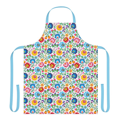 Colorful floral apron with blue straps on a white background
