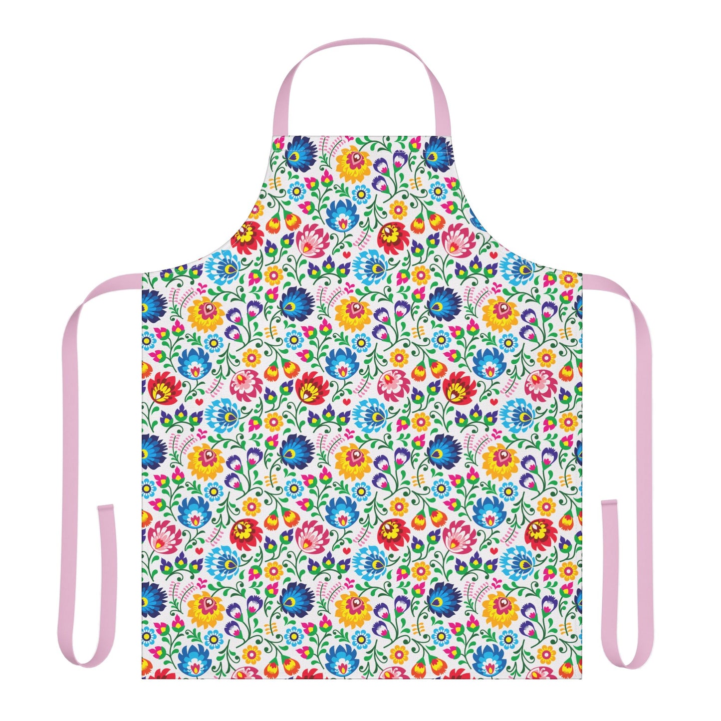 Colorful floral apron with pink straps on a white background