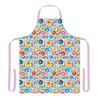 Colorful floral apron with pink straps on a white background