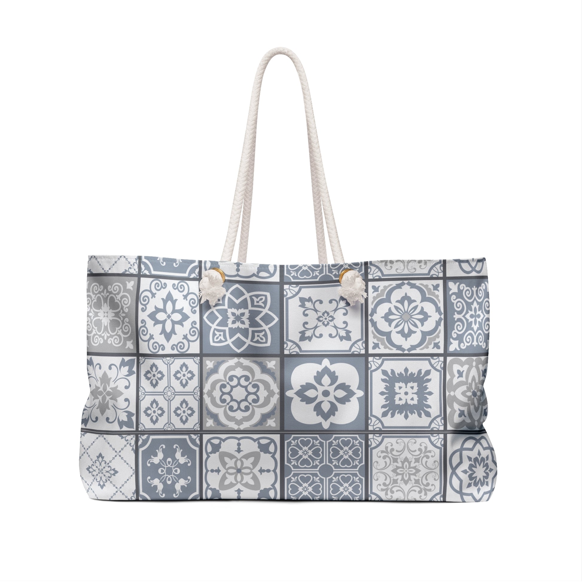 grey and white azulejo weekender beach bag