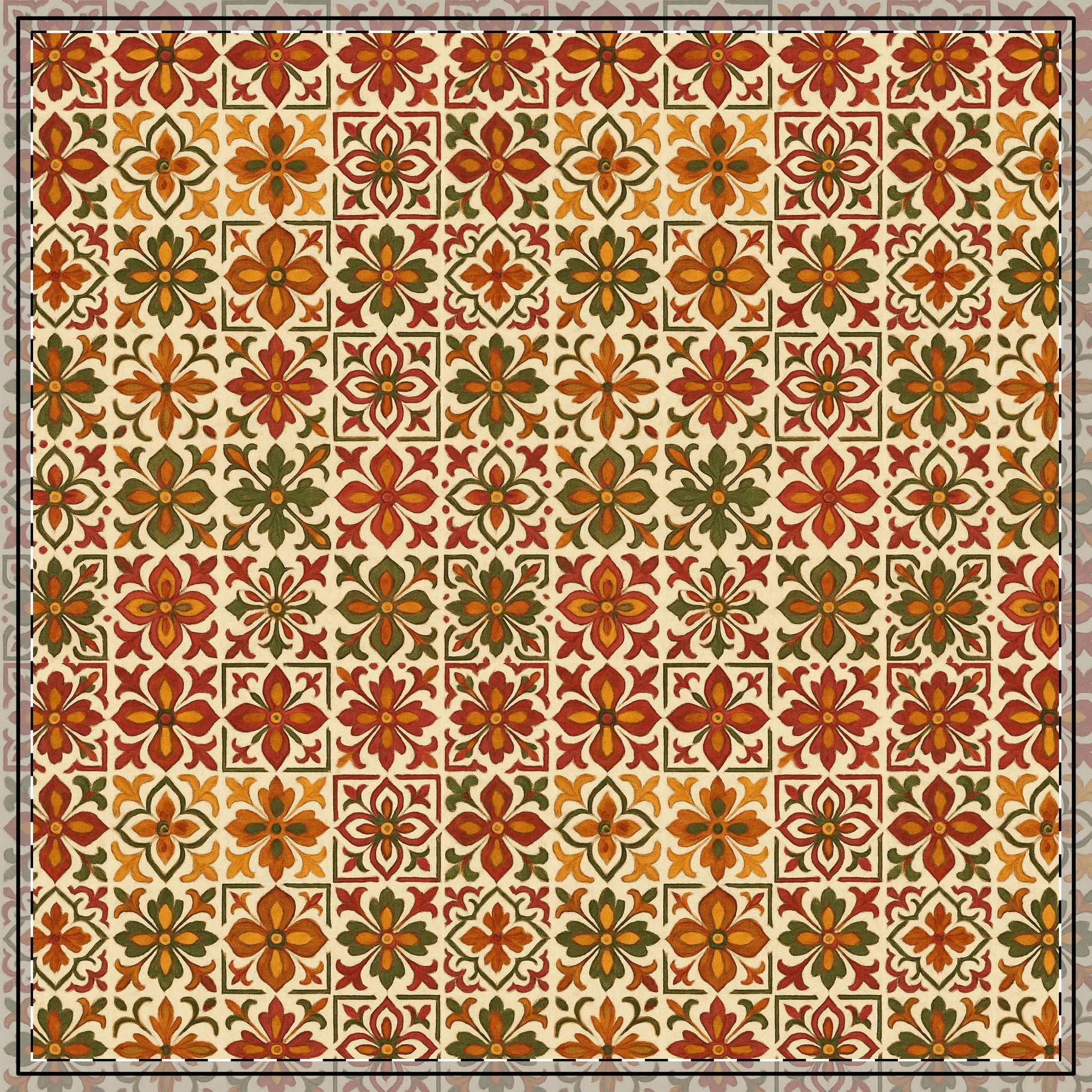 Patterned rug with floral design in orange, green, and brown on a beige background