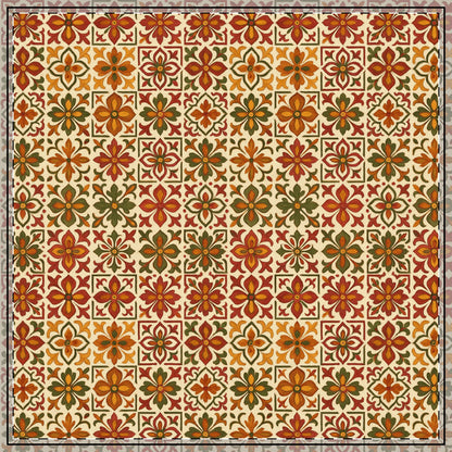 Patterned rug with floral design in orange, green, and brown on a beige background