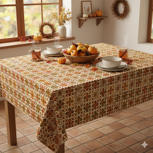 Decorative Portuguese azulejo tile tablecloth with autumnal pattern on a table set for a meal.