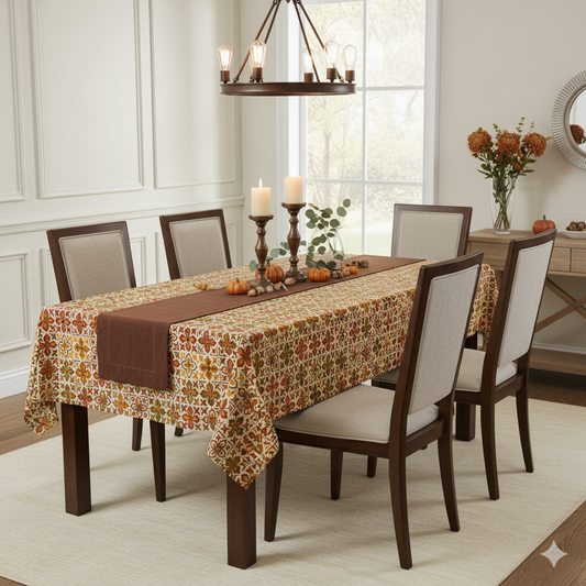 Dining room with a table set for a meal, featuring a floral tablecloth and decorative elements.