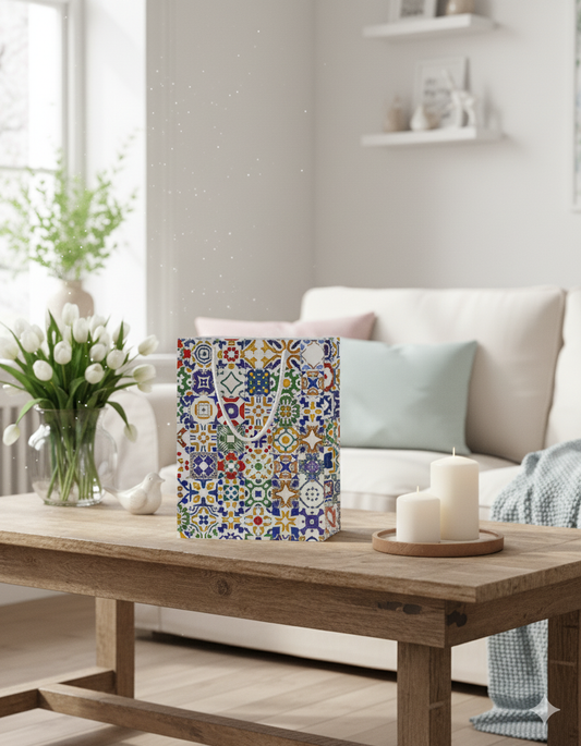 Decorative giftbag with a colorful tile pattern on a wooden coffee table in a living room.