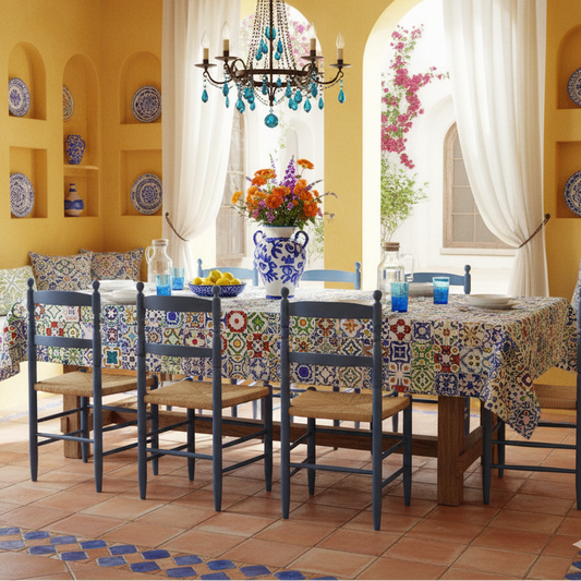 Dining room with yellow walls, colorful tablecloth, and decorative plates.
