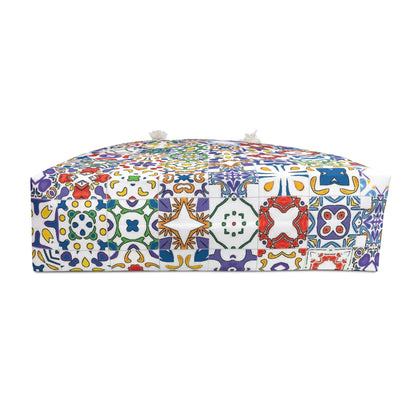 Colorful patterned ottoman on a white background