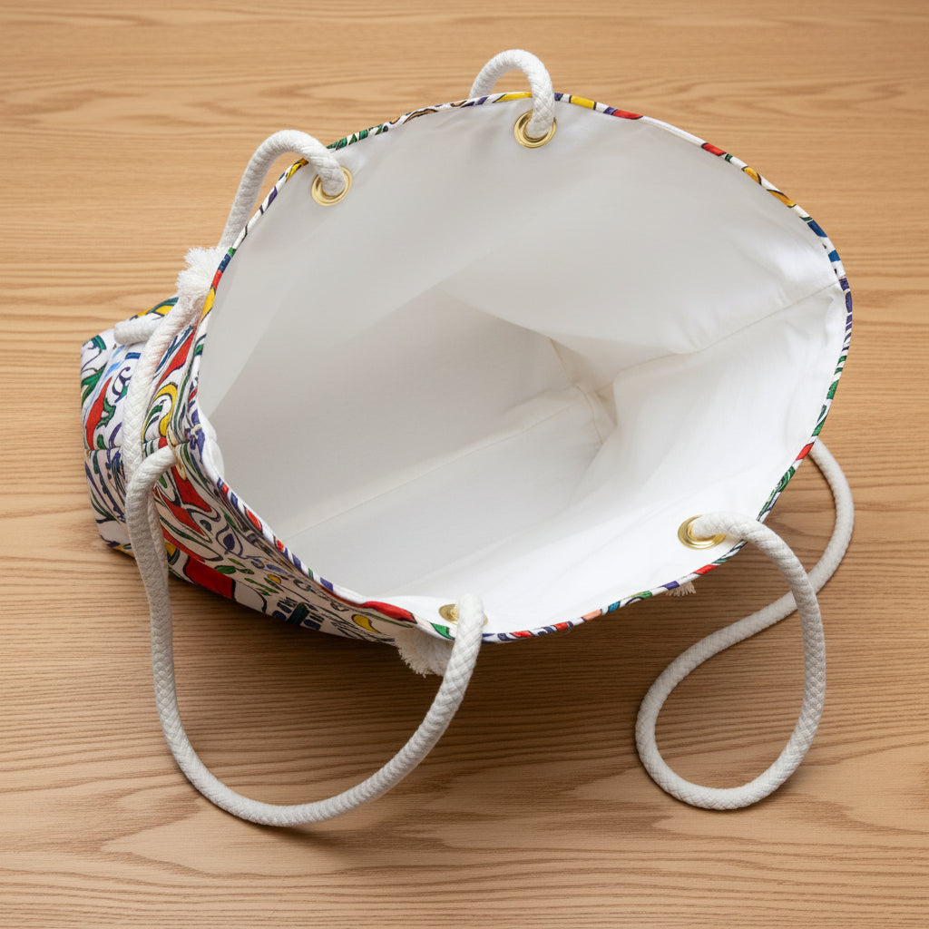 White drawstring bag with colorful drawstrings on a white background