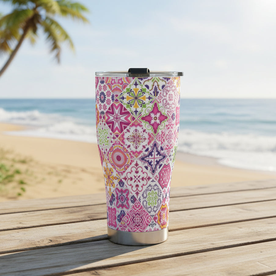 A stainless steel tumbler with a colorful geometric Portuguese tile pattern and a leak-proof lid.