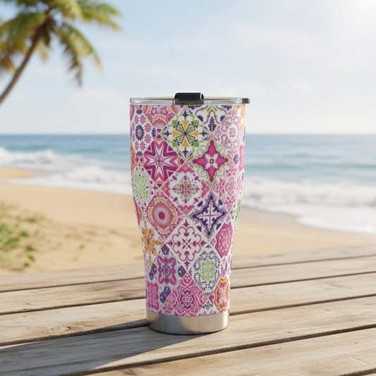 A stainless steel tumbler with a colorful geometric Portuguese tile pattern and a leak-proof lid.