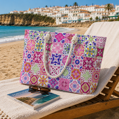 A colorful patchwork-patterned tote bag with white rope handles sits on a cream beach towel on a wooden lounge chair at the beach, with a book and sunglasses in front and a coastal town in the background.