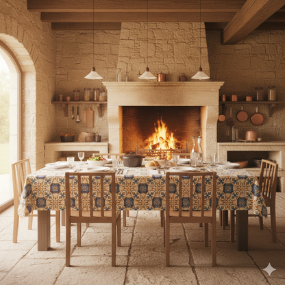 Cozy kitchen with stone walls, fireplace, and a dining table set.