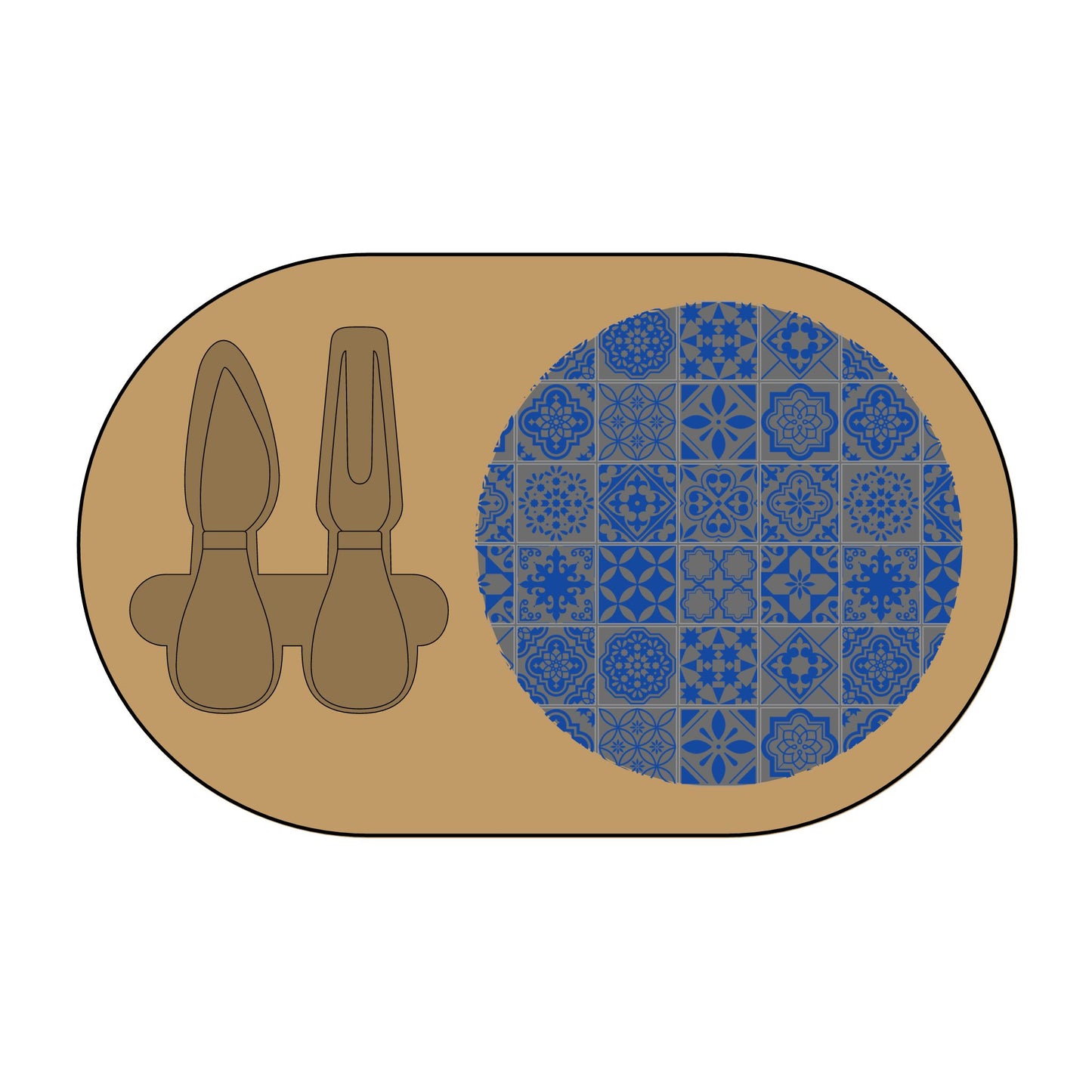 Brown oval charcuterie board with engraved geometric pattern and two brown spoons on a white background