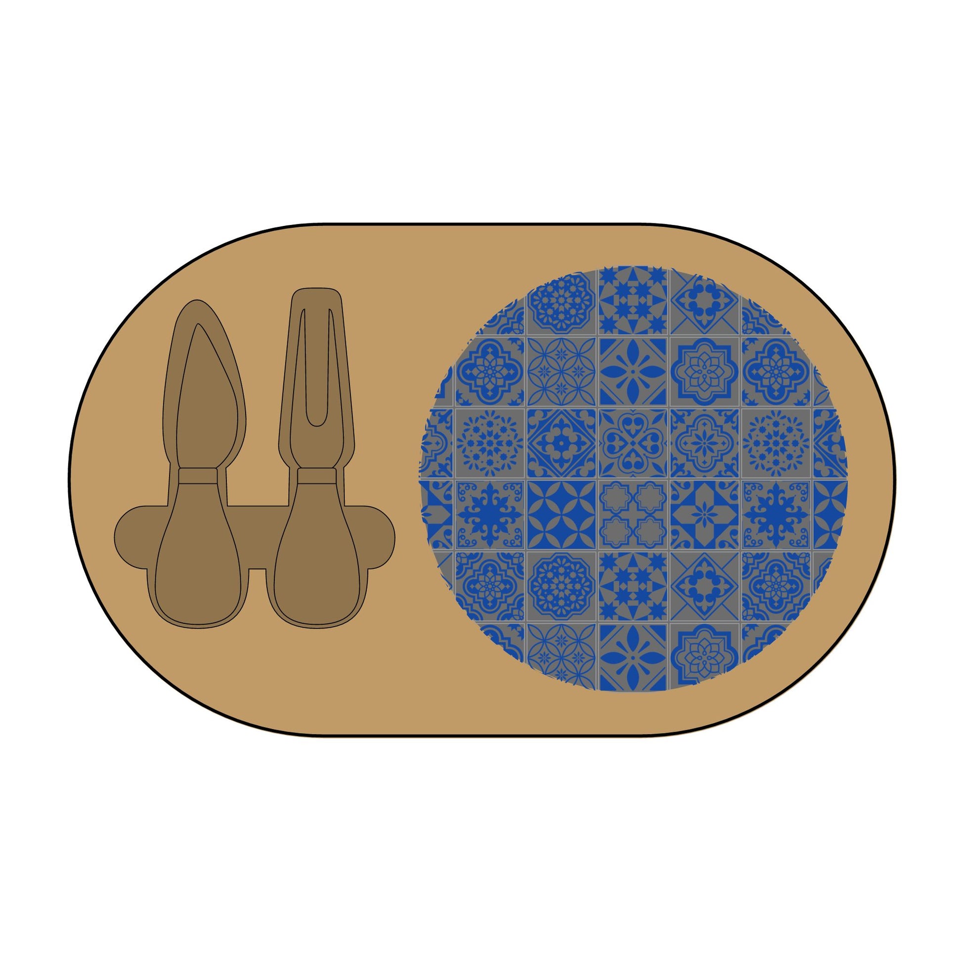 Brown oval charcuterie board with engraved geometric pattern and two brown spoons on a white background