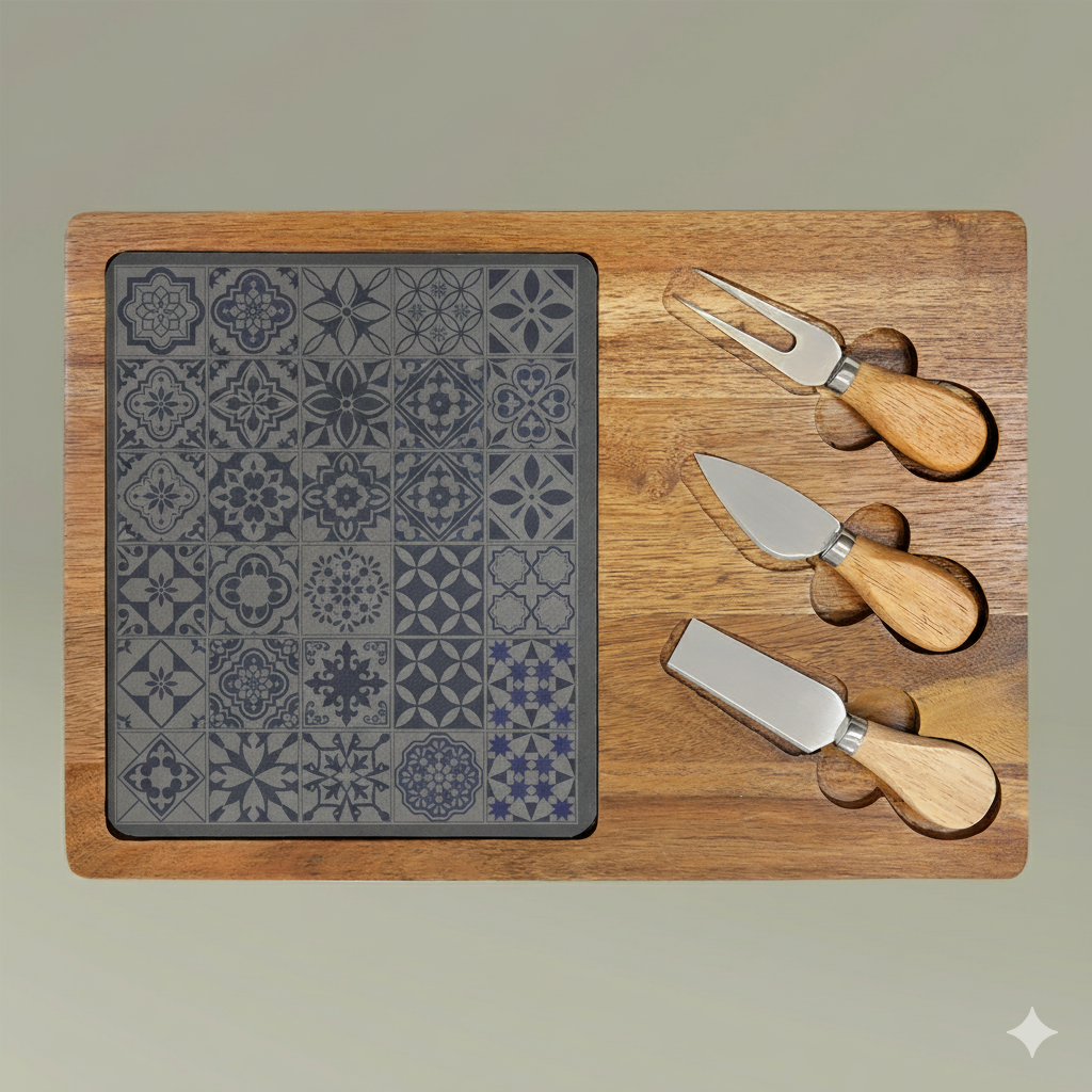 Wooden cutting board with decorative azulejo patterned area and three cheese knives on a beige background