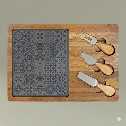 Wooden cutting board with decorative azulejo patterned area and three cheese knives on a beige background