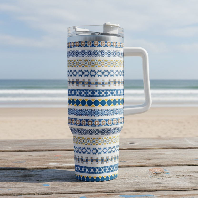 Tumbler with a blue and white pattern on a white background