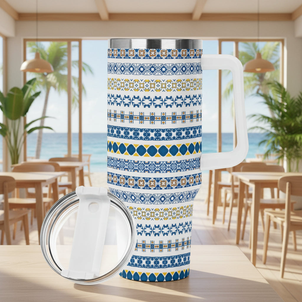 Travel mug with a blue and yellow pattern on a white background