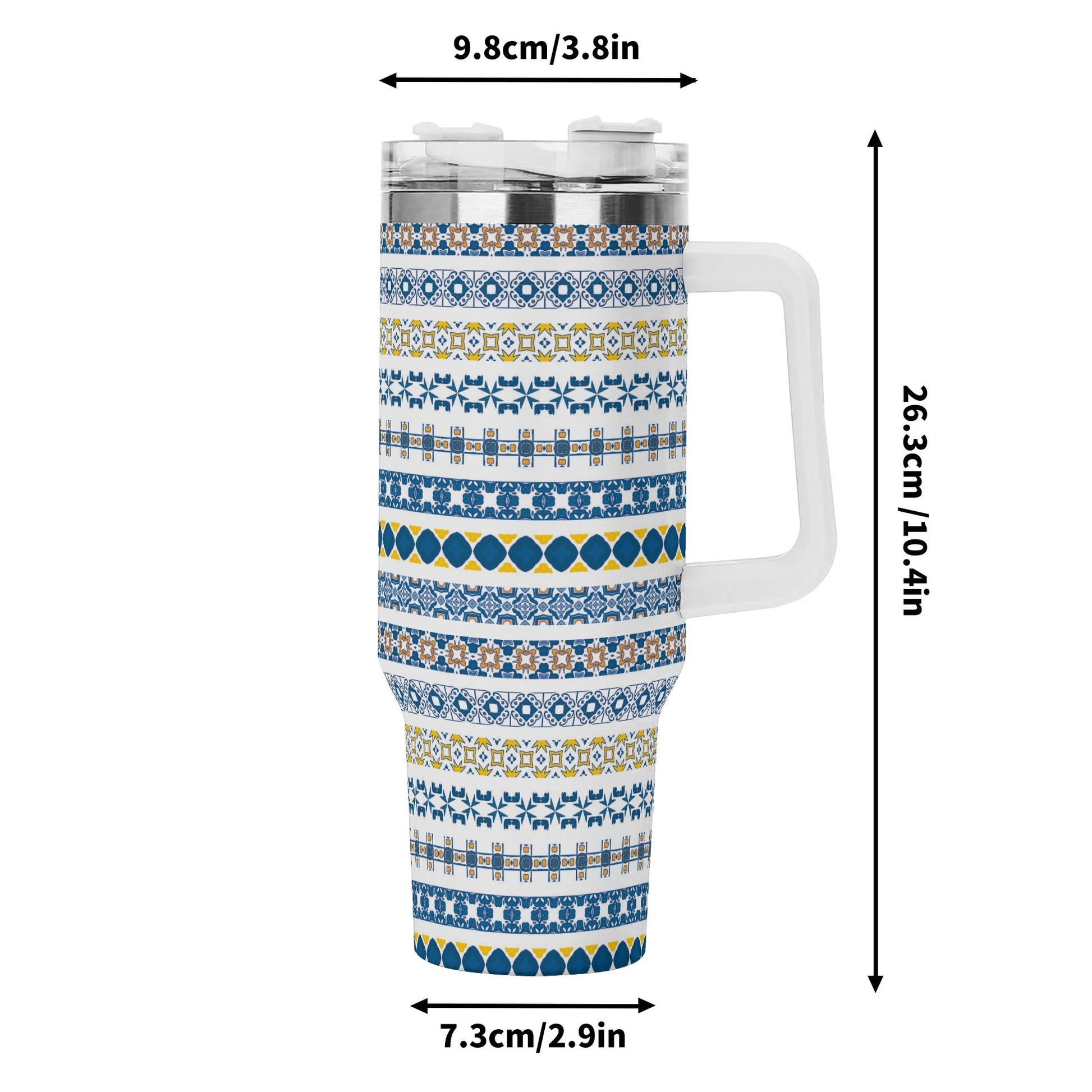 Patterned travel mug with dimensions displayed