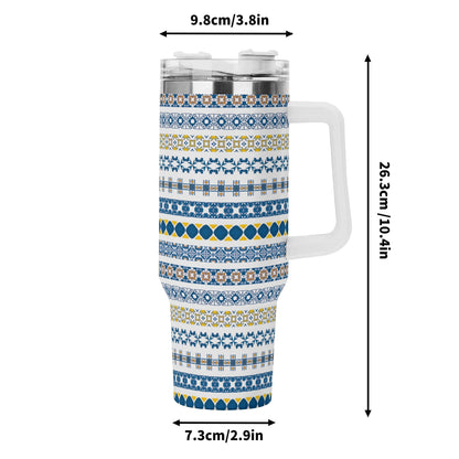 Patterned travel mug with dimensions displayed