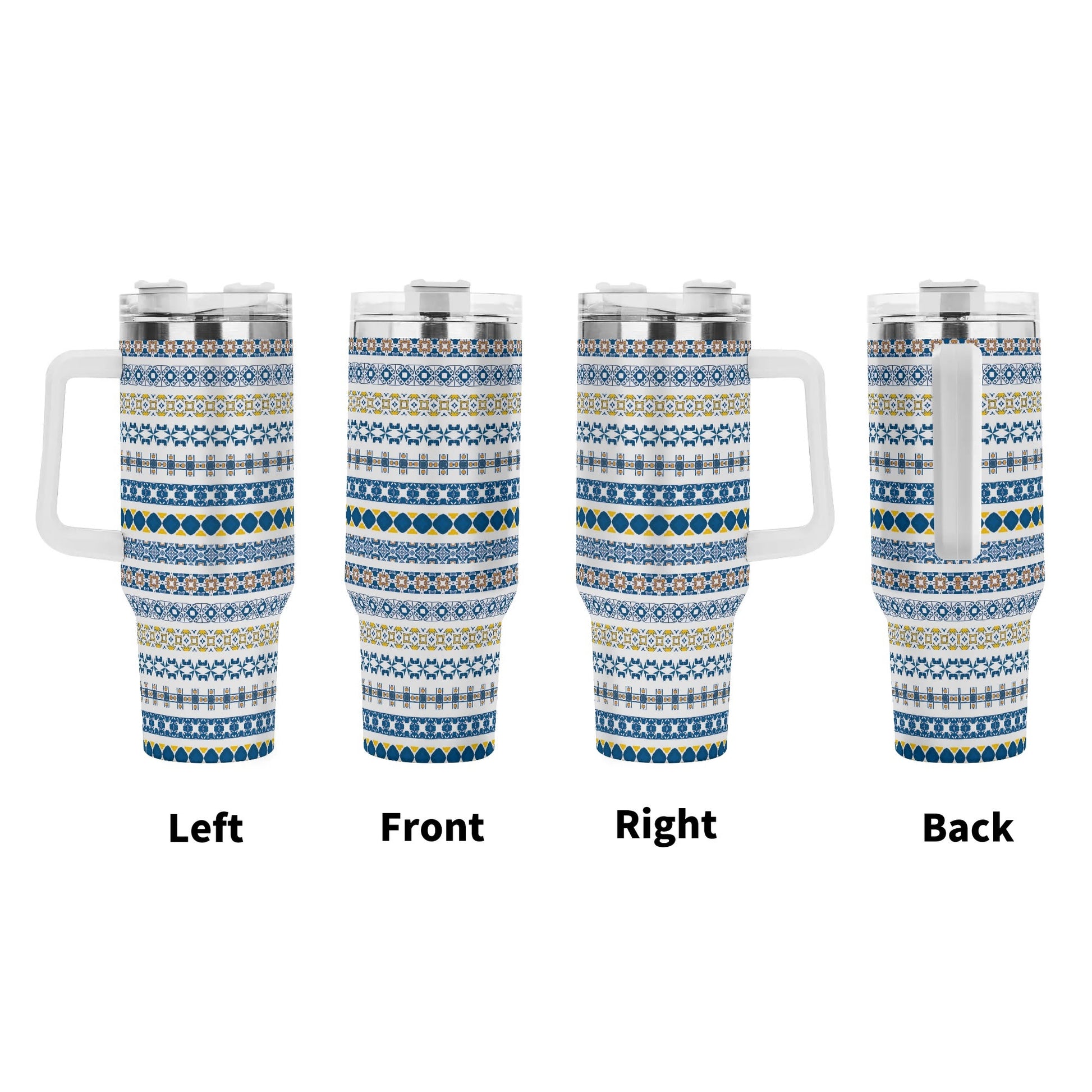Patterned travel mug shown from left, front, right, and back on a white background