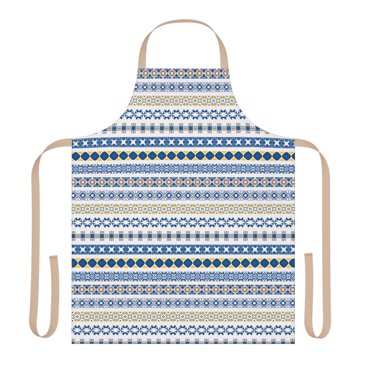 Patterned apron with blue, yellow, and white design on a white background