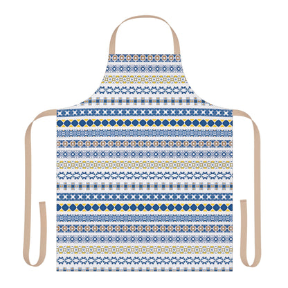 Patterned apron with blue, yellow, and white design on a white background