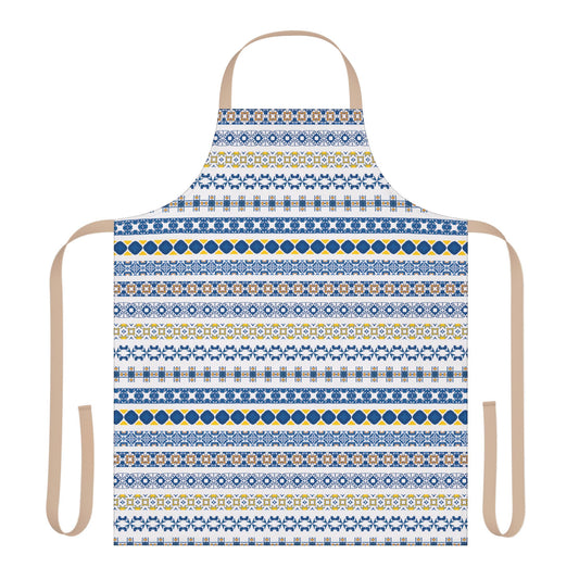 Patterned apron with blue, yellow, and white design on a white background